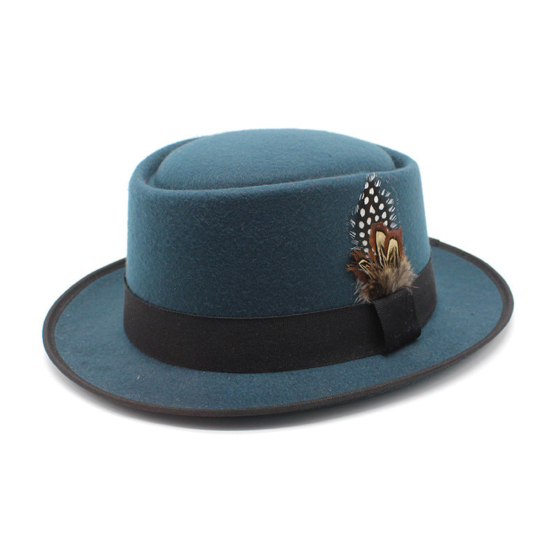 Versatile Jazz Hat Flat Top Woolen Feather French