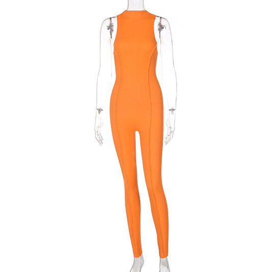 Pure Color Slim Sleeveless Sports Fitness Jumpsuit