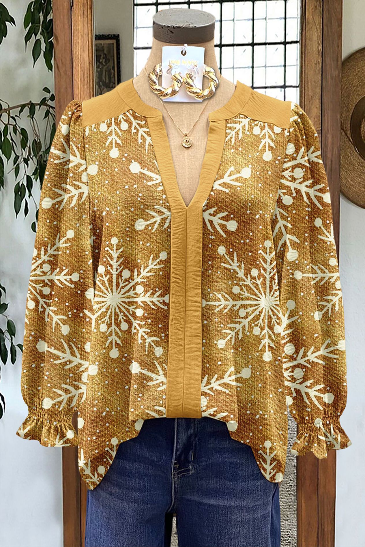 Women's Shirt Loose V-Neck Long Sleeve
