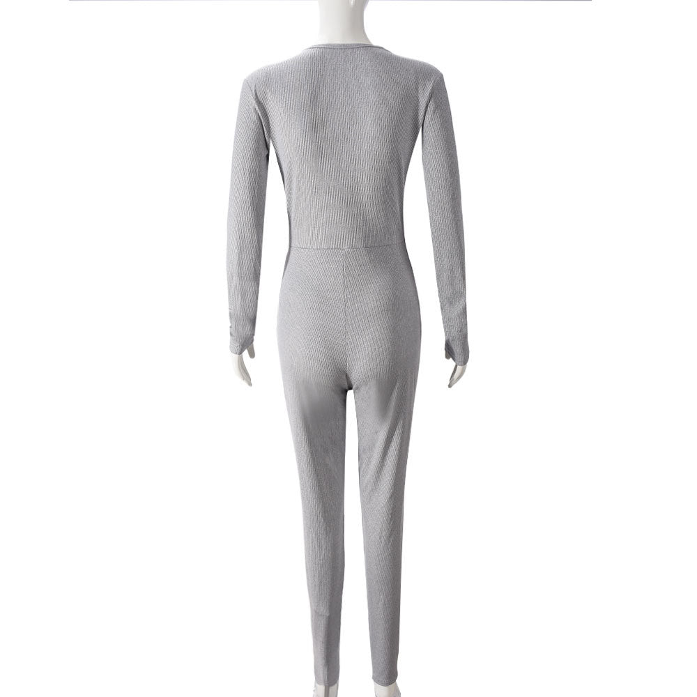 V-neck Hollow-out Long-sleeved Sexy High-elastic Jumpsuit