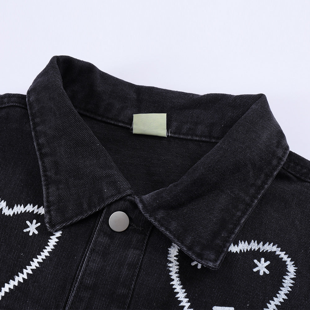 Love Full Printed Denim Clothing Loose Dimensional Patch Pocket Turn-down Collar Coat