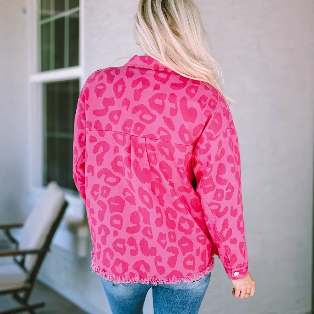 Leopard-Print Denim Fashion Button-Up Jacket For Women