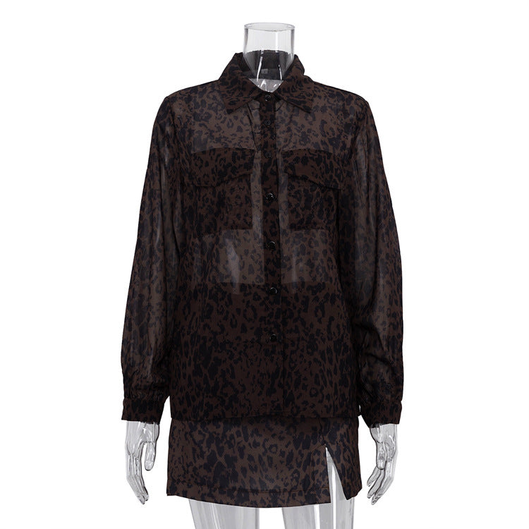 Lapel Long Sleeve Top High Waist Slit Short Skirt Two-piece Leopard Print Skirt Suit