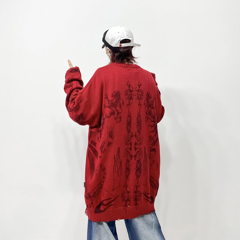Dark Street Culture Skull Print Knitted Sweater For Fall Winter