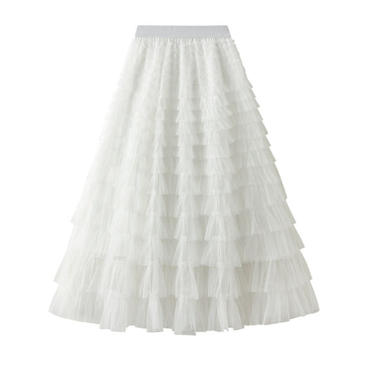Line Mesh Ruffle Skirt Women's Temperament Sweet Long Skirt Slim Cupcake Dress Womens Clothing