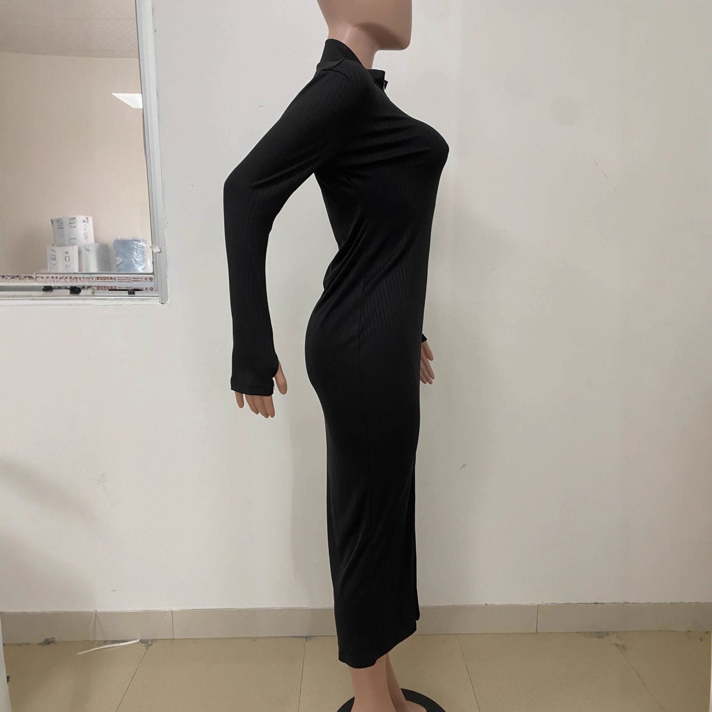 Threaded Thumb-Lock Long-Sleeve Slim-Fit Sexy Cardigan Zipper Dress