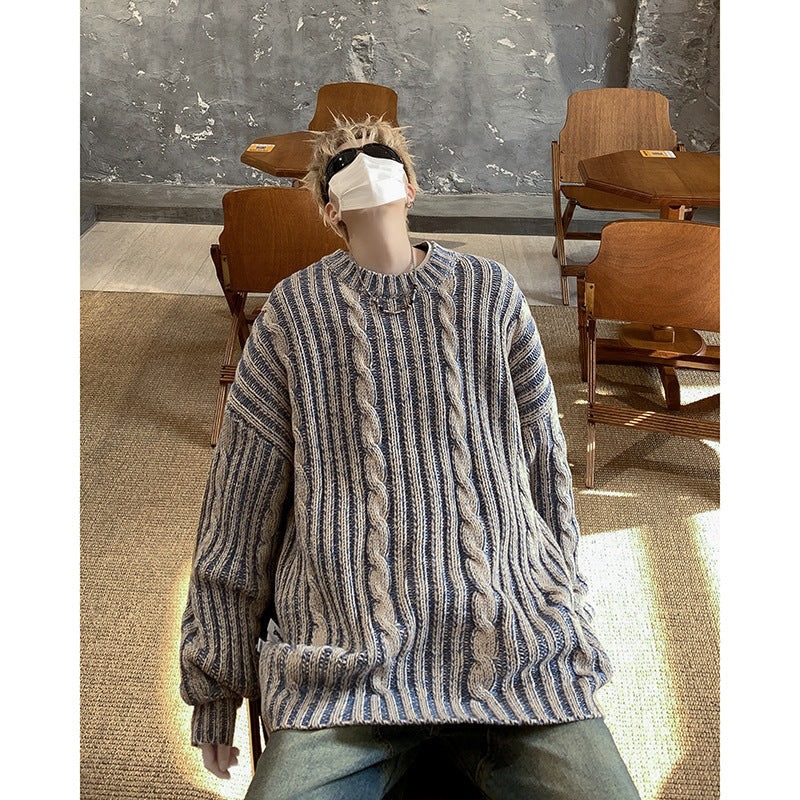 Striped Retro American Loose Round Neck Sweater
