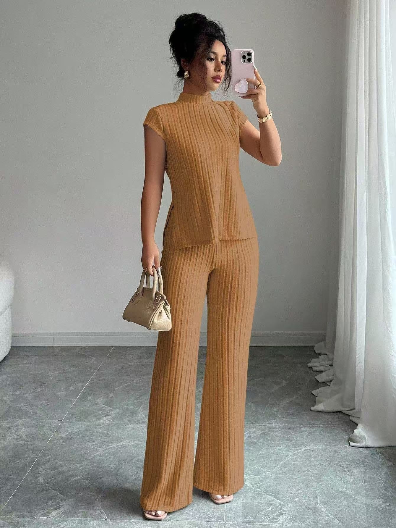 Solid-color Short-sleeve Top And Ribbed Casual Pants Set