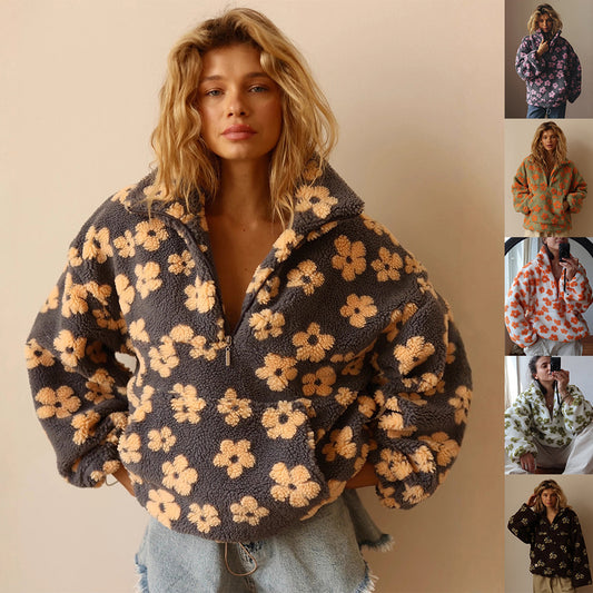 Winter Flowers Lambskin Sweatshirt With Big Pocket Casual Loose Zip-up Lapel Pullover Top Women's Clothing