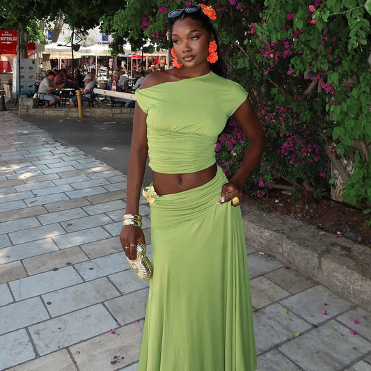 Women's Casual Streetwear Pleated Asymmetrical-Neck Two-Piece Set