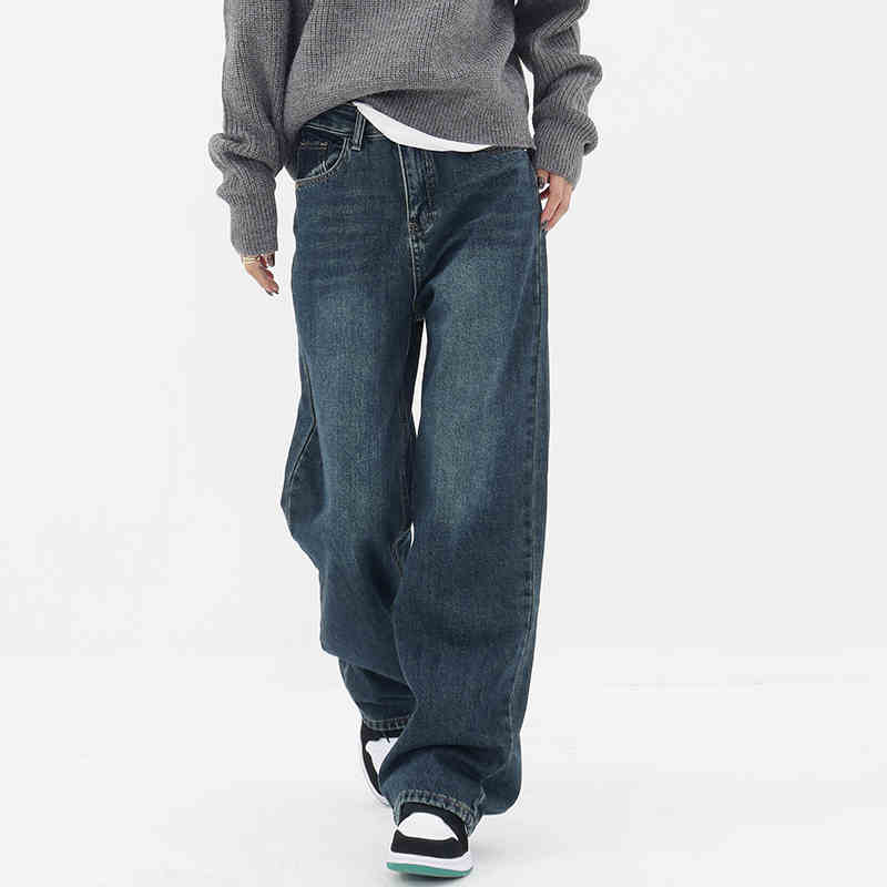 Retro Blue Jeans Women's Gradient High Waist Straight Casual Pants