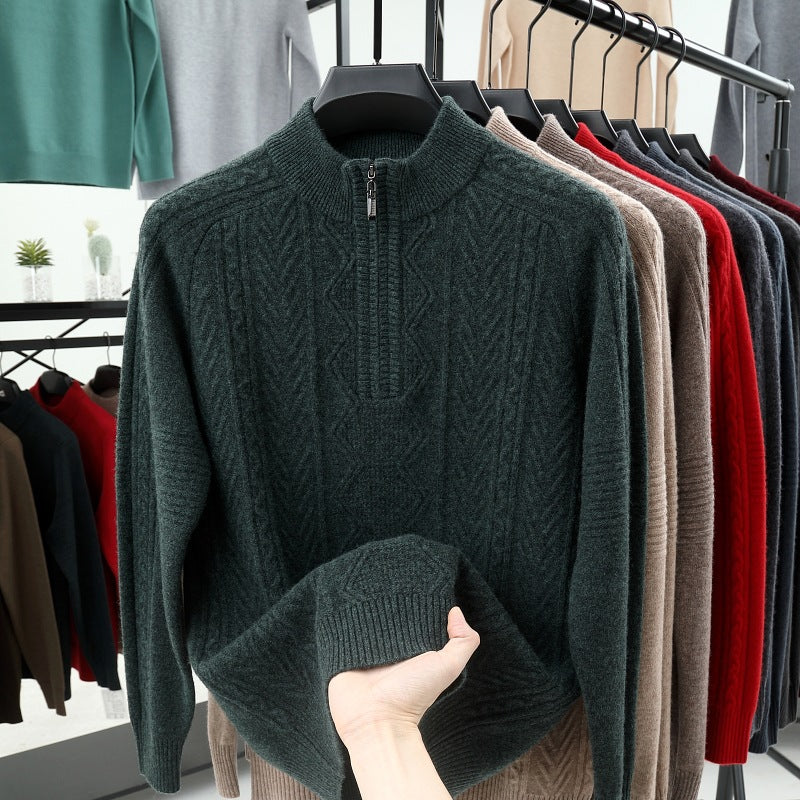Wool  Men's Sweater Half Turtleneck Zipper Sweater