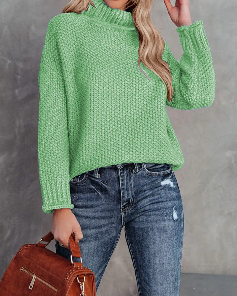 Women's High-neck Long-sleeve Rolled-edge Knit Sweater