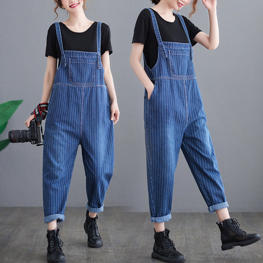 Plus Size Women's New Striped Denim Overalls