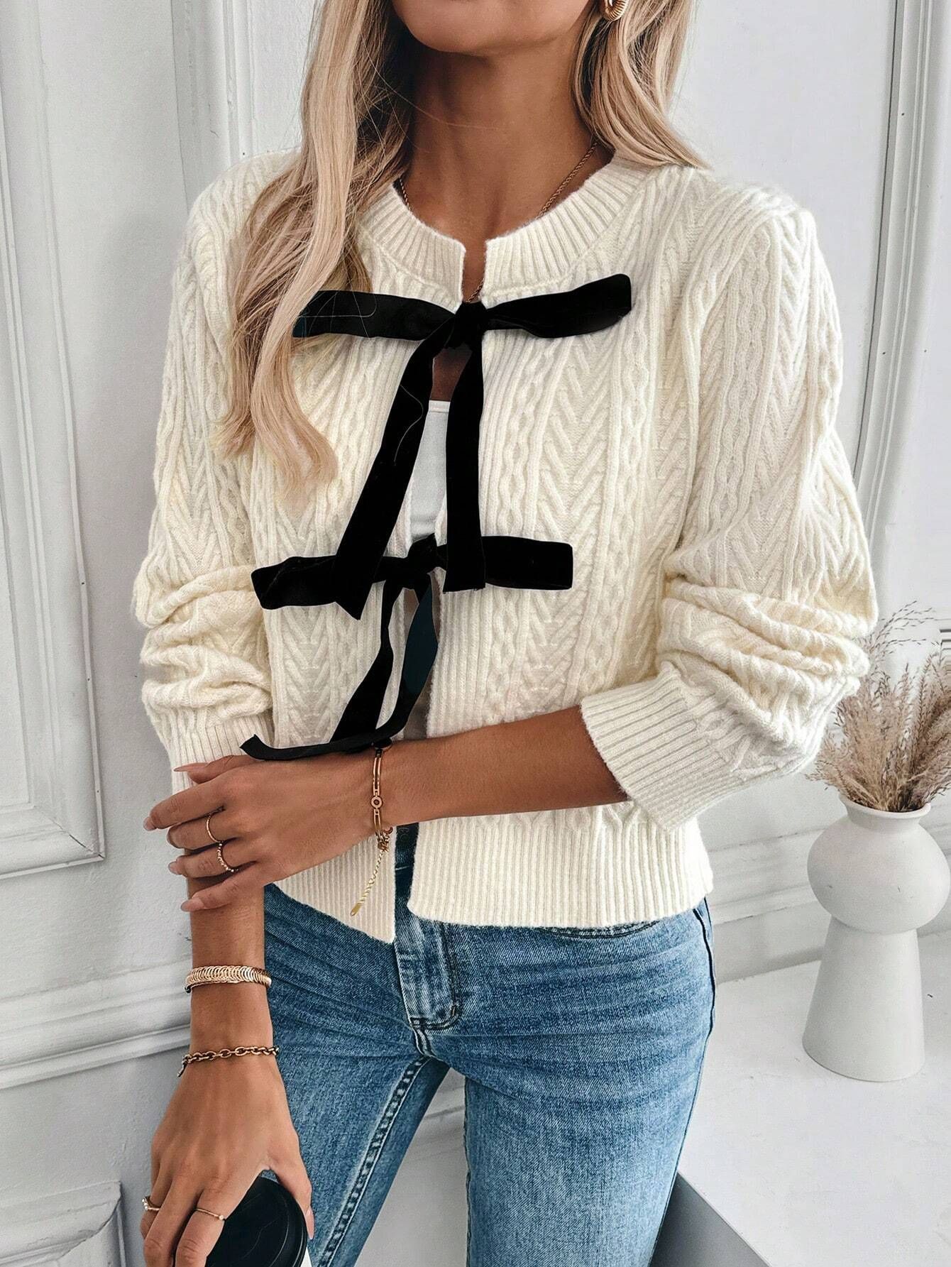 Strikket cardigan til kvinder med snøre og snoet mønster, enkel sweater