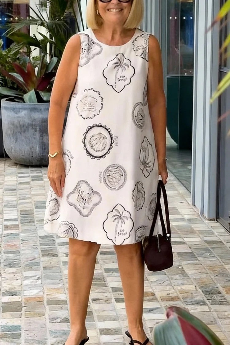 Womens Crew-Neck Printed Dress With Side Buttons