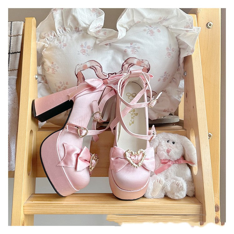 Waterproof Platform Satin Thick Heel Bowknot Love Cross Buckle Strap High Heel Pumps