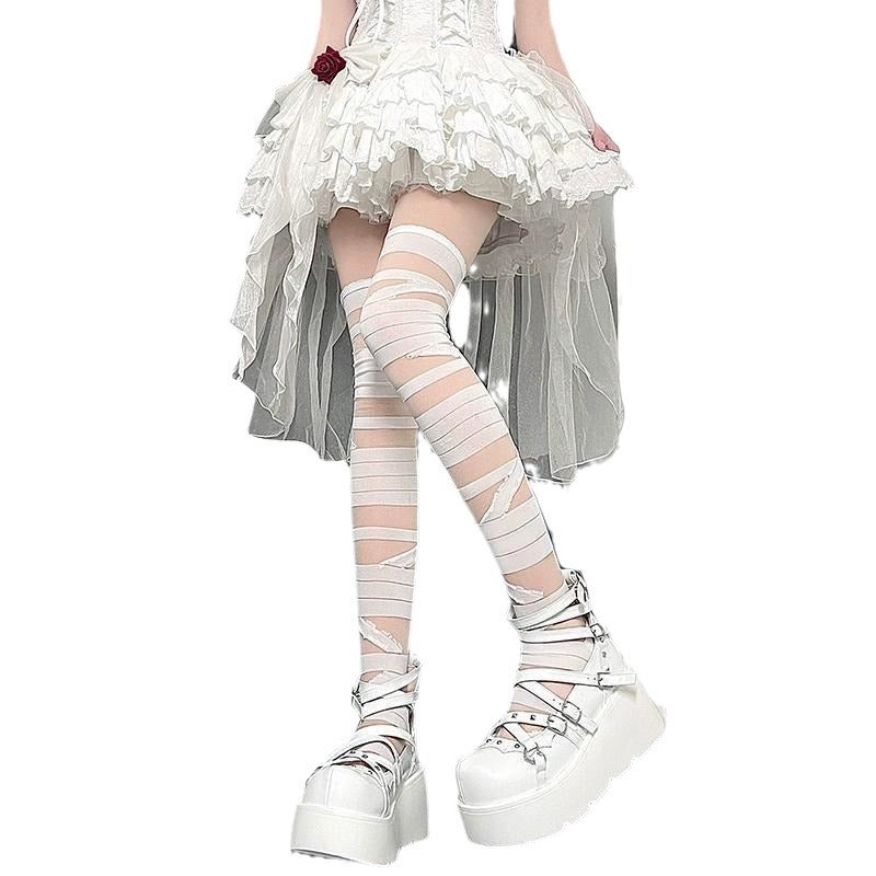 Black And White Bandage Long Tube Silk JK Uniform Cross Strap Over The Knee Stockings Stockings