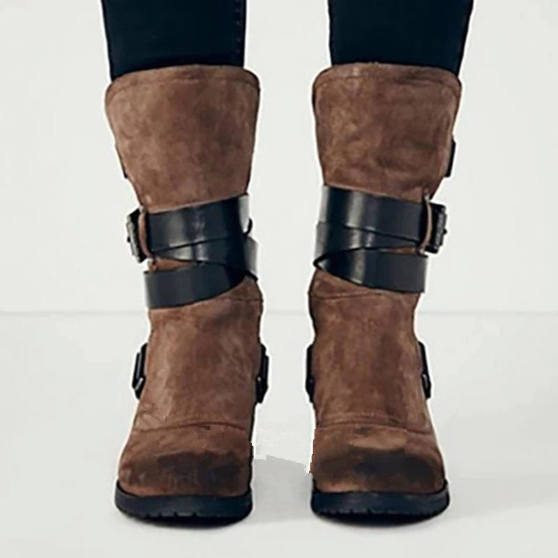 Vintage Men's Thick-heeled Suede Boots With Belt Buckle