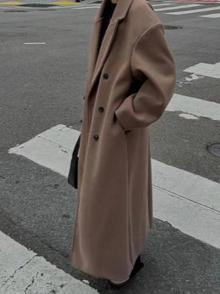 Long Wool Coat With A Business Suit-style Collar For Commuting
