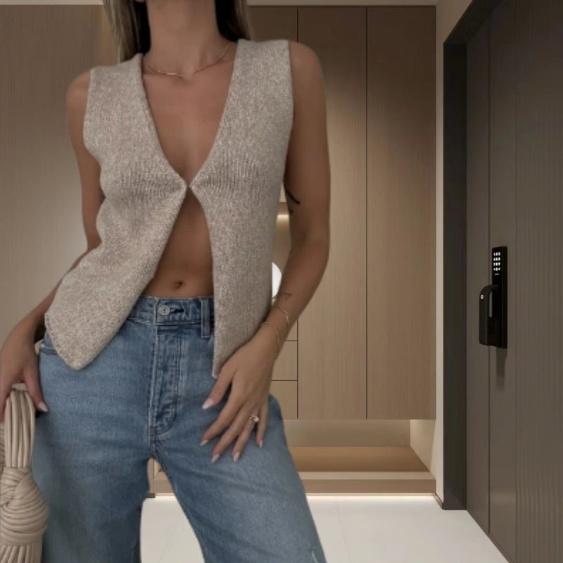 Deep V Sexy Vest Sleeveless Knitted Tup Cardigan