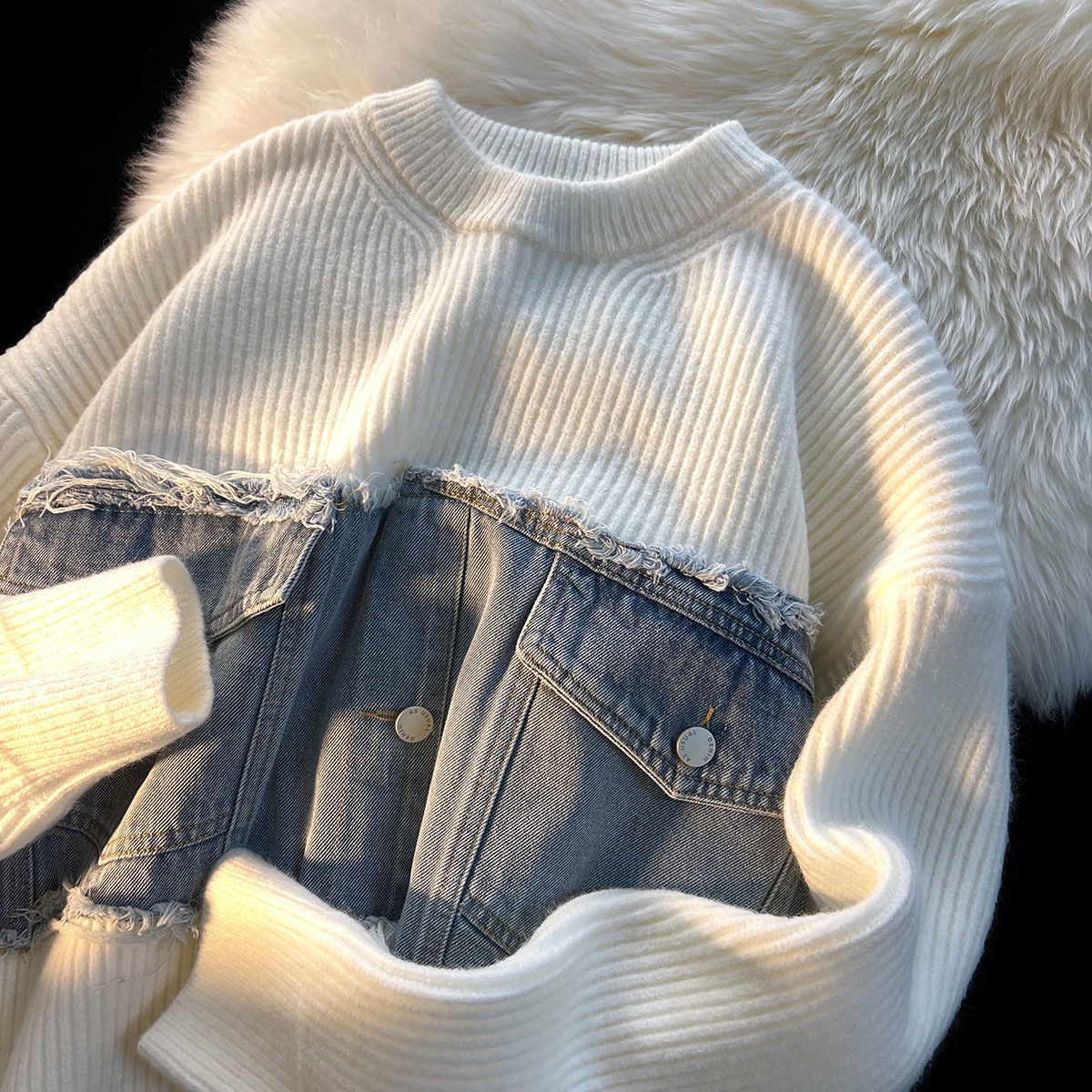 Denim Splicing Knitwear Male Early Autumn Sweater