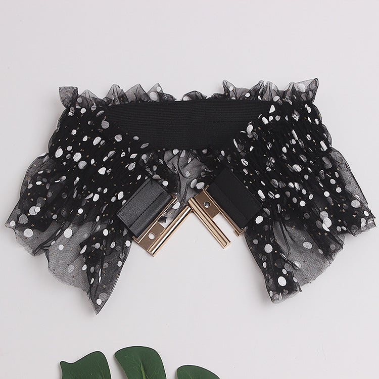 Glitter Polka Dot Mesh Pleated Elastic Waist Metal Double Buckle Wide Belt Girdle