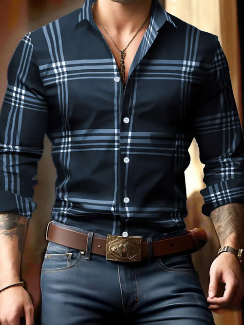 Digital Printing Striped Plaid Men's Long Sleeve Shirt