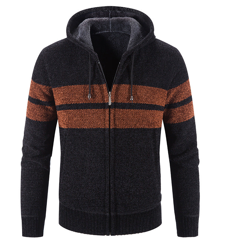 Hooded Striped Color-blocking Casual Plus Velvet Cardigan