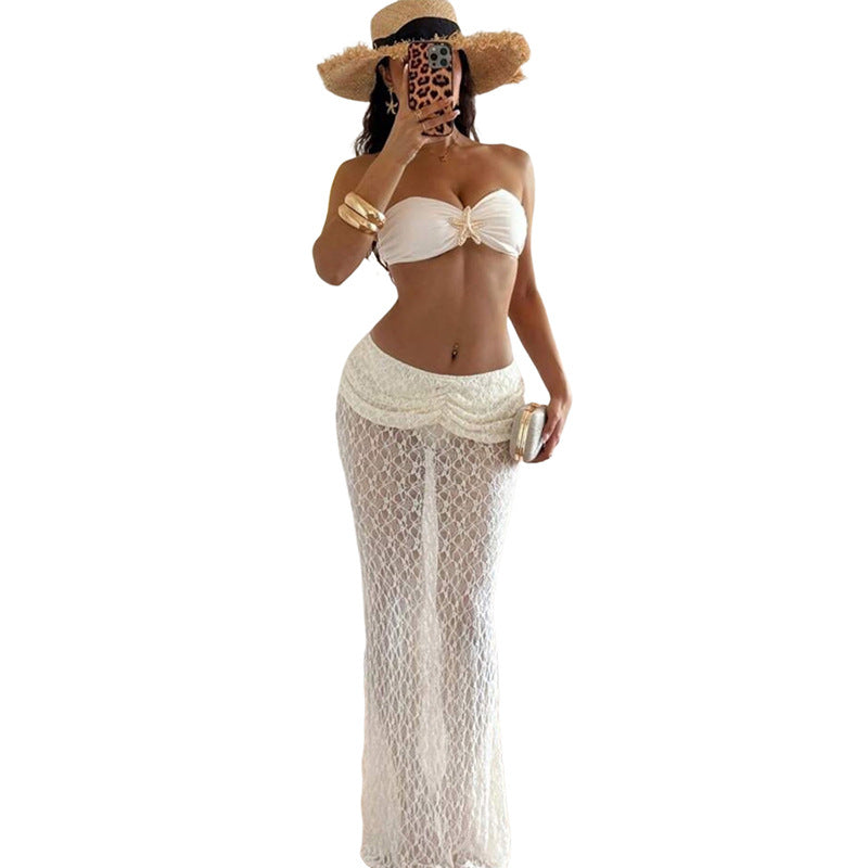 Womens Sexy Halter Top With Straps And Lace Long Skirt Two-Piece Set