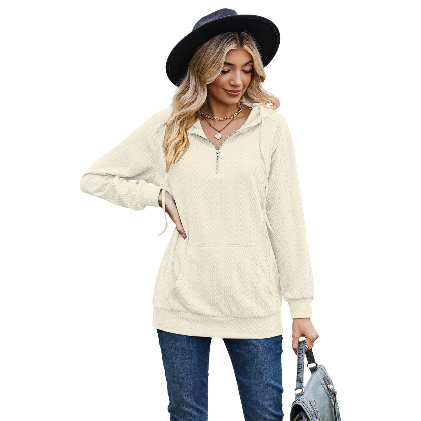 Dame Solid Color Hættetrøje med Lynlås Løs Langærmet Sweatshirt