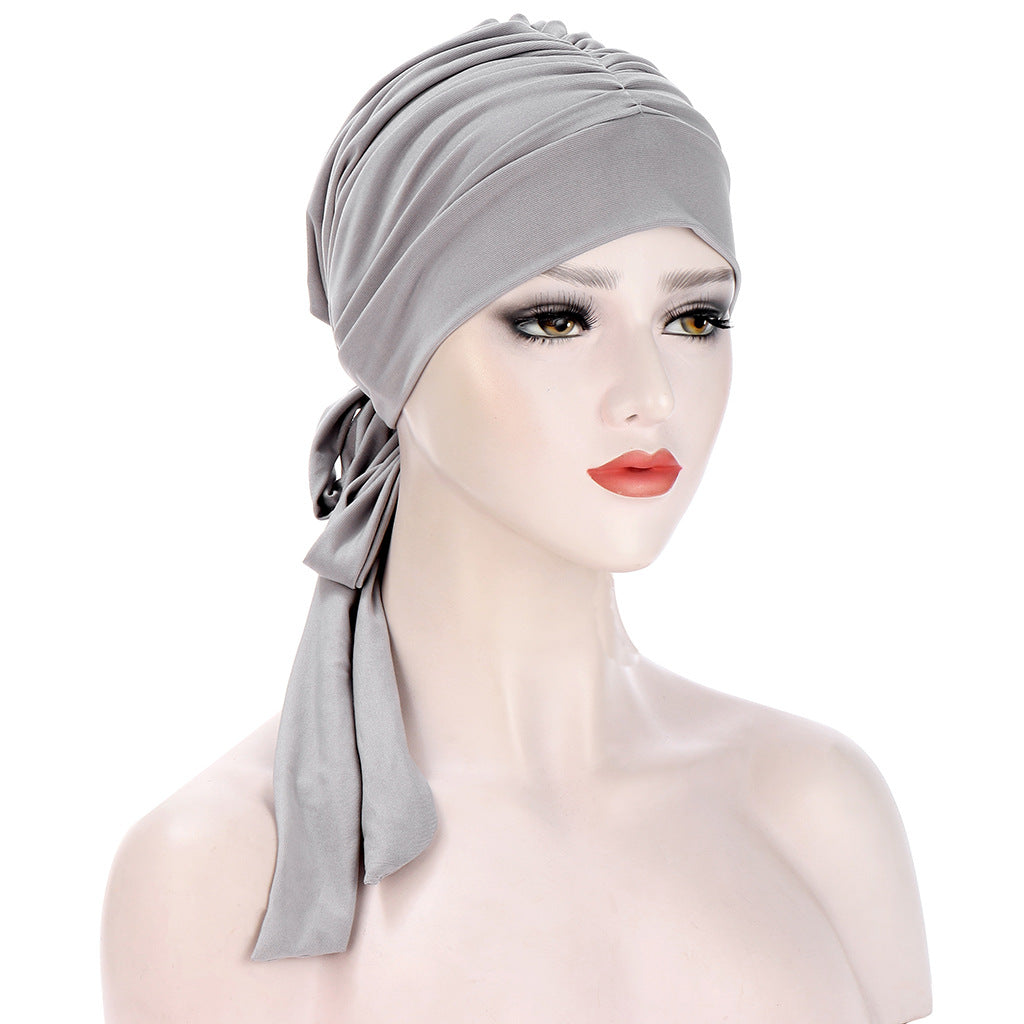 Pure Color Crystal Hemp Long Tail Bow Turban Hat