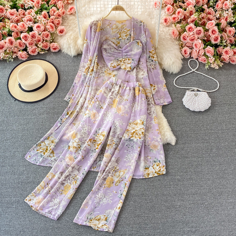 Mid-length Floral Chiffon Cardigan Three-piece Set Tube Top Short Type