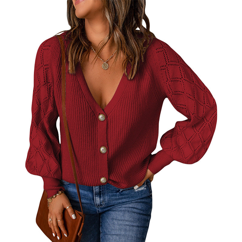 Women's Solid Color Rhombus Puff Sleeve Knitted Sweater Coat