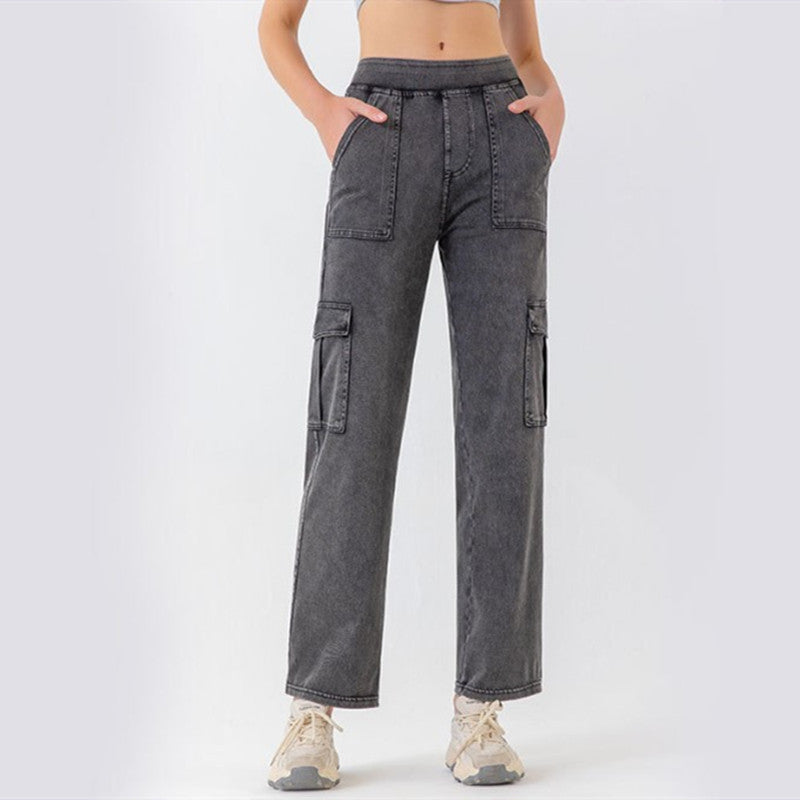 Dame Wide Leg Sportsjeans med Lommer