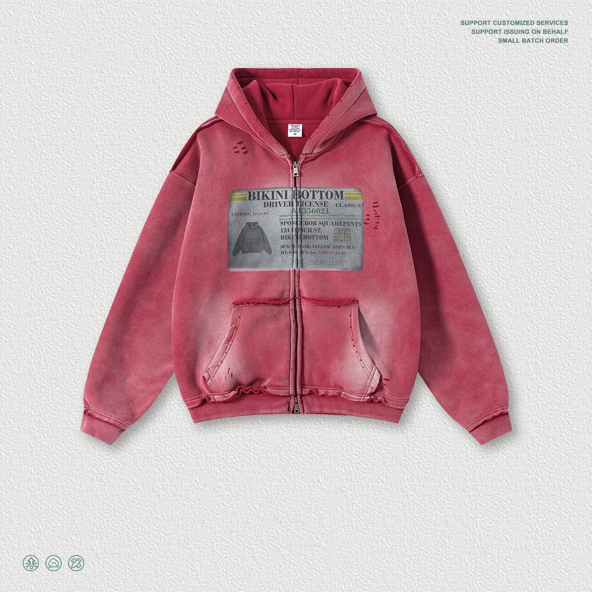 Mens Printed Ripped Zip-Up Hoodie Cardigan Coat