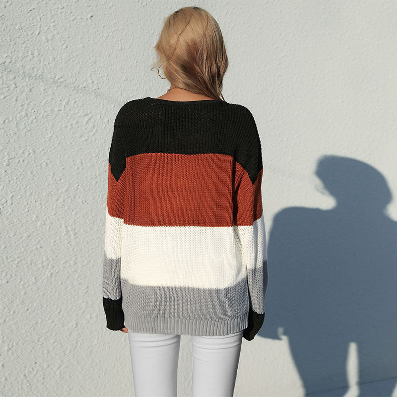 Fashion Casual Women's Long Sleeve Mid-length Color-block Sweater