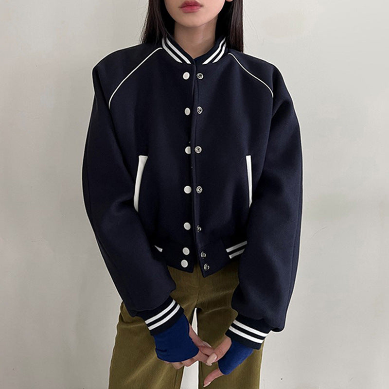 American Retro College Style Color Contrast Patchwork Stand Collar Breasted Baseball Uniform