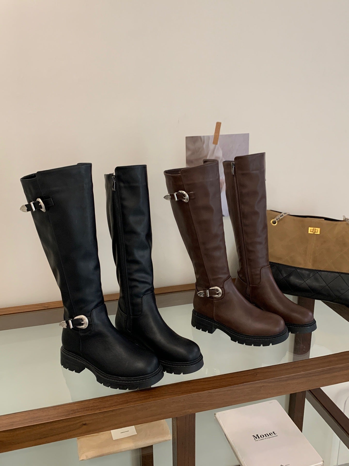 Vintage Women's Leather Belt Buckle Side-zip Fashion Boots