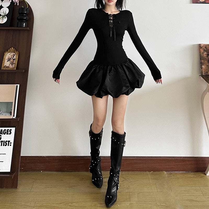 Womens Fashion Patchwork Lace-Up Long-Sleeve Dress