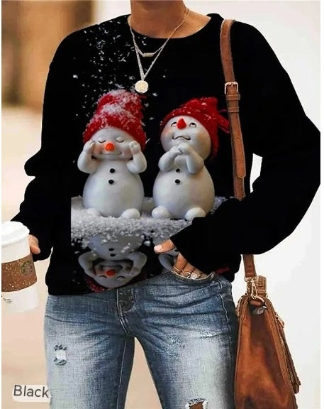 Round Neck Long Sleeve Sweater Plus Size Christmas Print