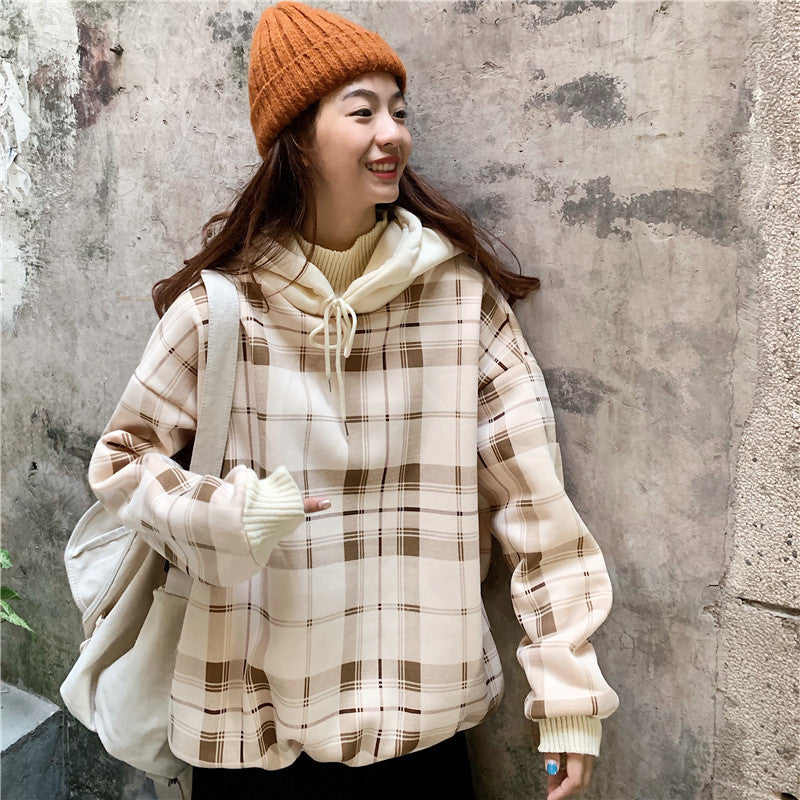 Fake Two Piece Long Sleeve Sweater Women Hooded Loose Plaid