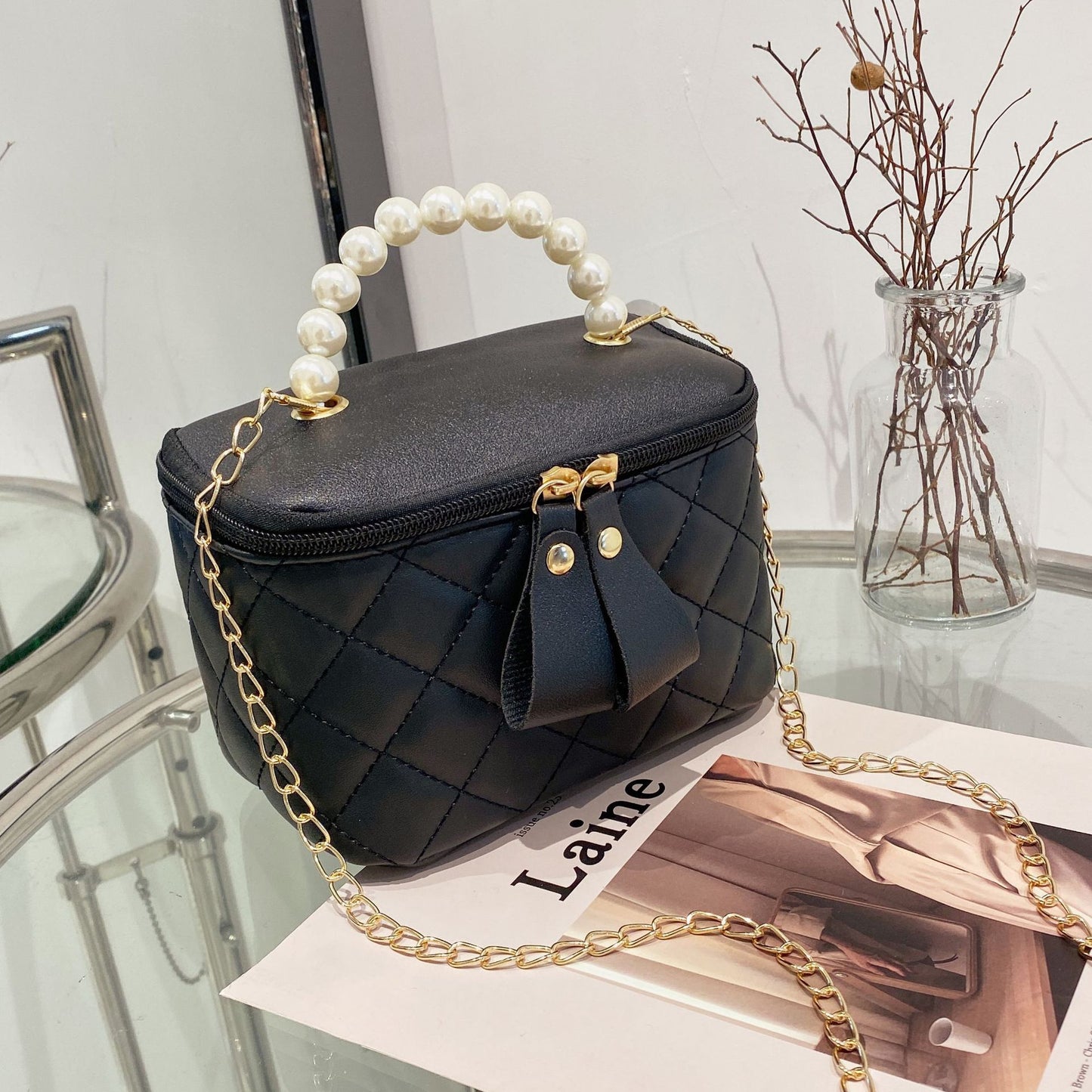 One Shoulder Crossbody Hand Embroidered Chain Bucket Bag