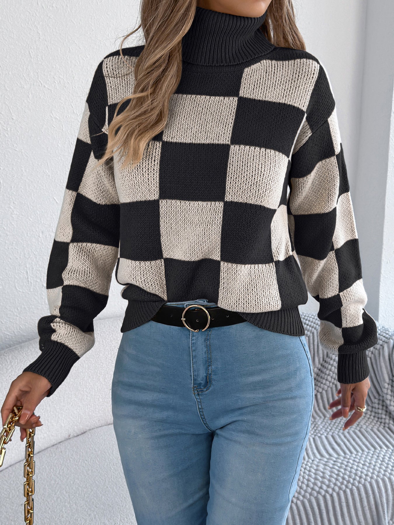 Dame Højhalset Farveblokket Ternede Sweater med Lanterneærmer