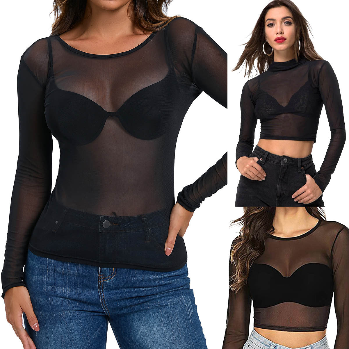 Enkel Og Sexet Slim-fit Gennemsigtig Stram Langærmet Mesh Top Til Kvinder