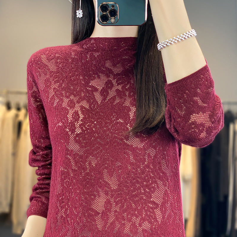 Women's Half Turtleneck Hollow Out Sweater Loose Pullover Fashionable Knitted