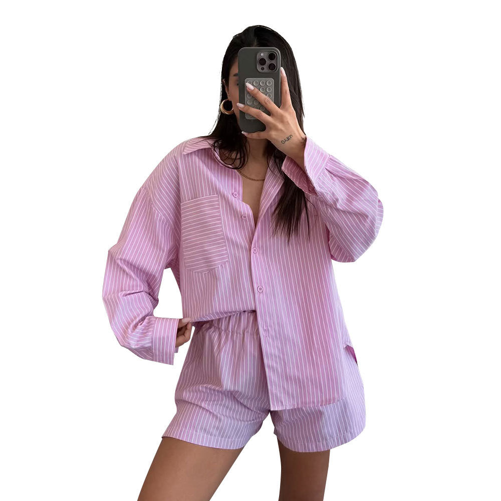 Striped Cardigan And Long-Sleeve Womens Shirt Set