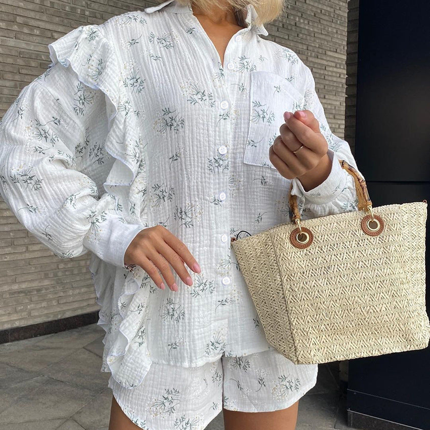 Womens Pure Cotton Printed Ruffle-Trim Long-Sleeve Shorts Pajama Set