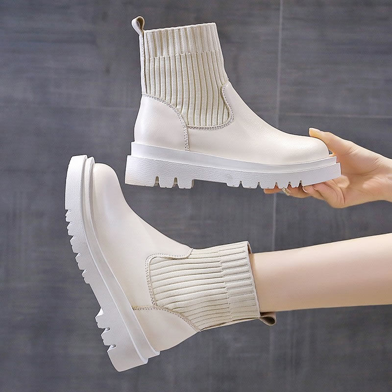 British Style Wild Lace-up Platform Stitching Short-knit Martin Boots