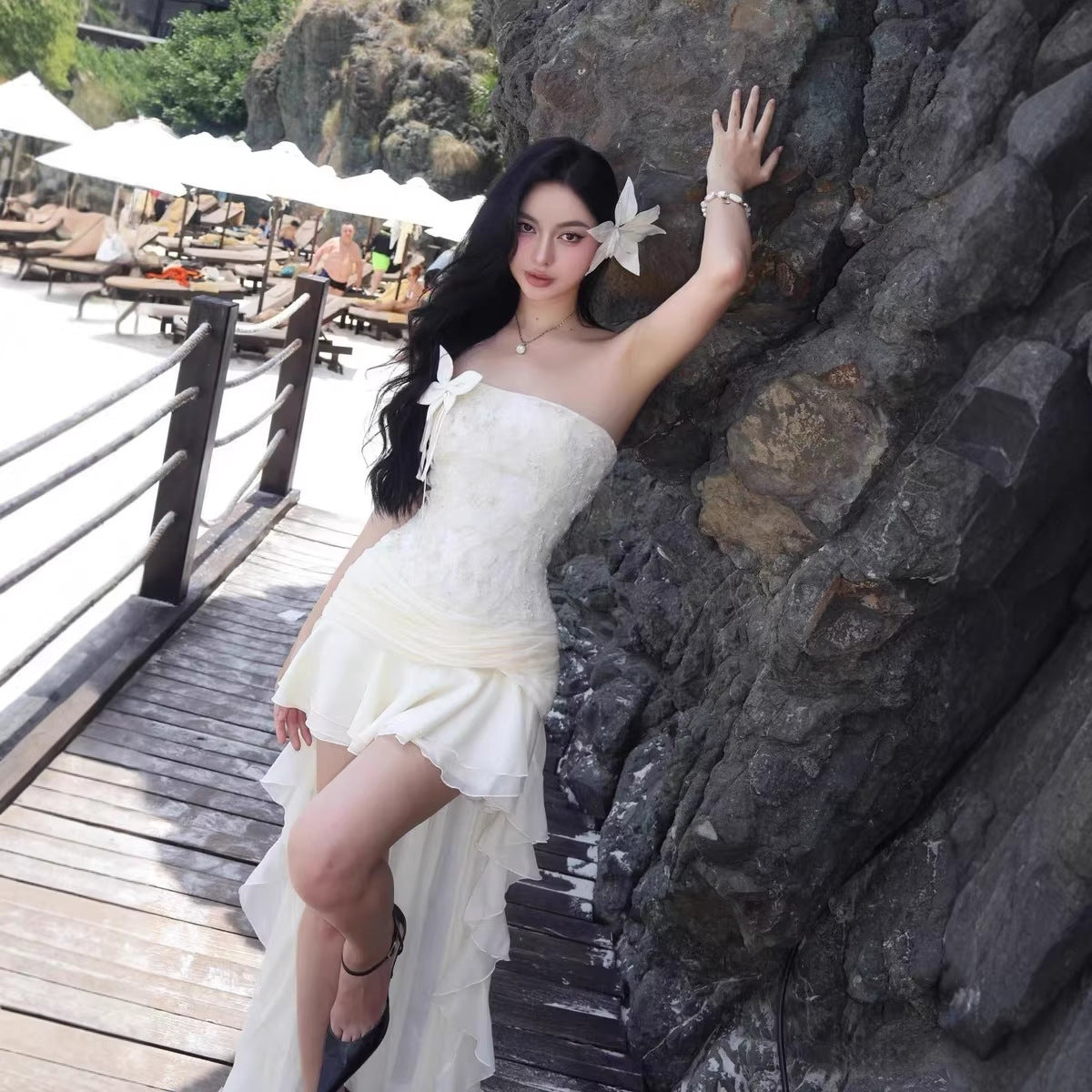 Womens Fashion Floral Ruffle-Collar Tube Dress